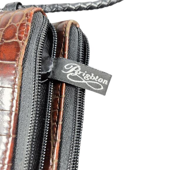 VTG Brighton Organizer Crossbody Bag Brown Croc Embossed Braided Strap Silver - Picture 7 of 11